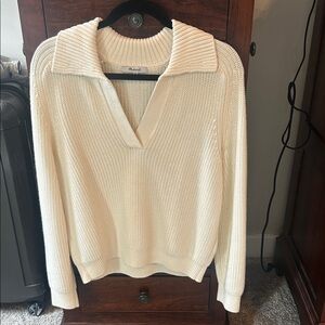 Madewell Cream Ribbed V‑Neck Collared Sweater